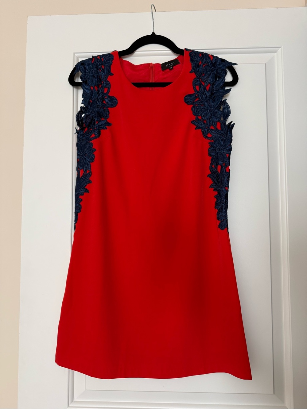 Red Orange Dress with Navy Lace Accents
